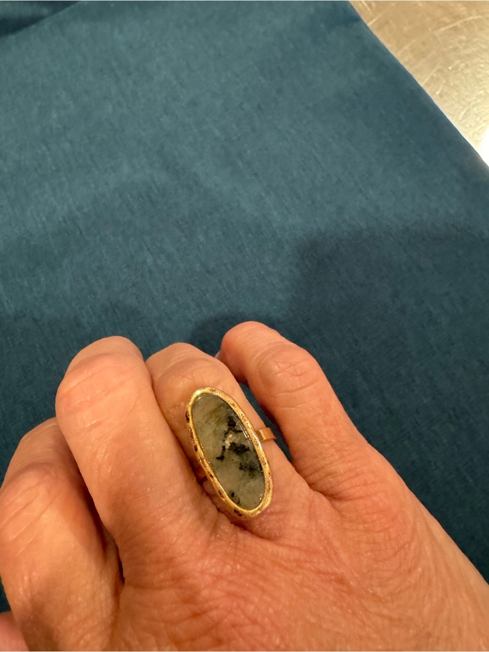 Gold-Tone Oval Stone Statement Ring - Gray/Black Stone